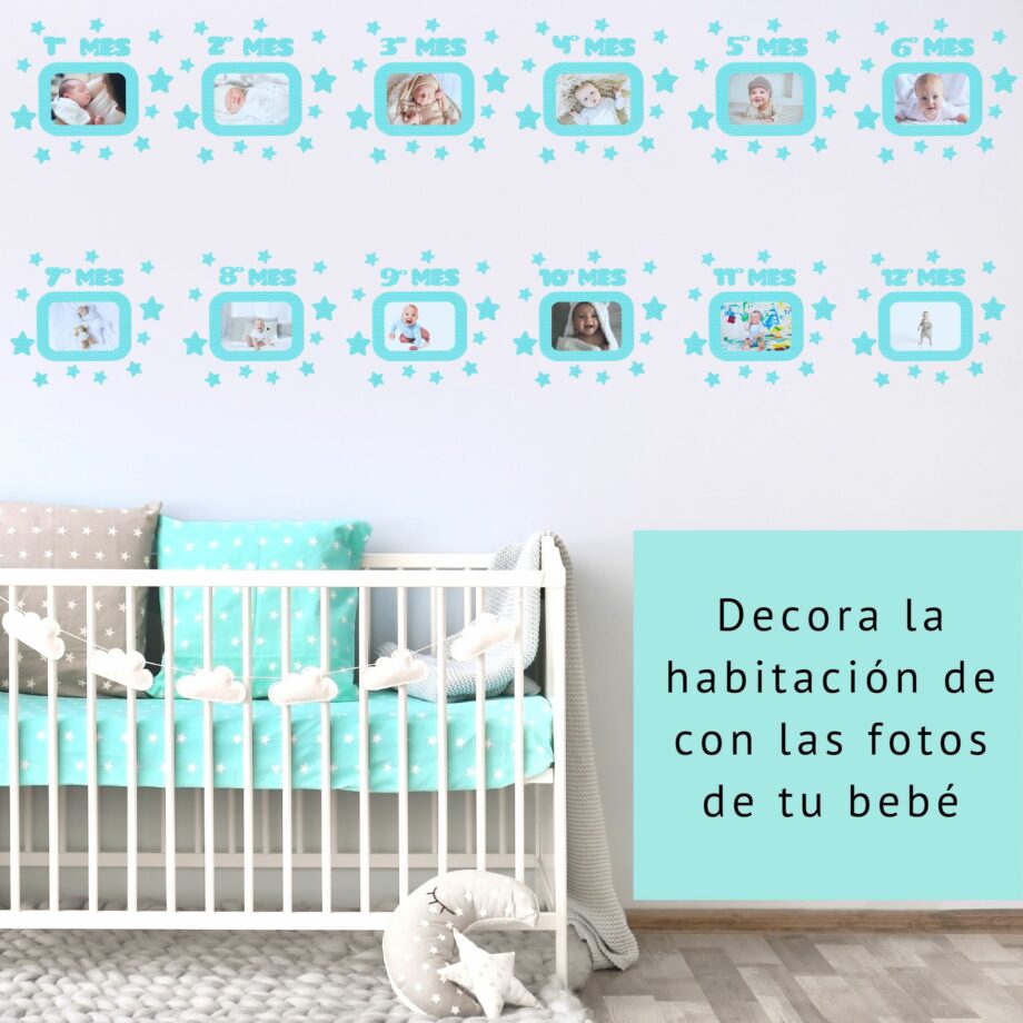 Marcos de fotos adhesivos para decorar la habitación de tu bebé. Versión Azul