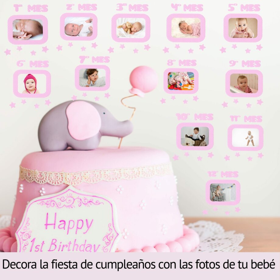 Marcos de fotos adhesivos para celebrar el cumpleaños de tu bebé. Versión Rosa