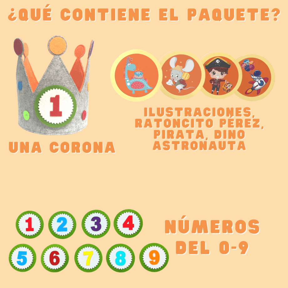 Corona de fieltro para cumpleaños con ilustraciones