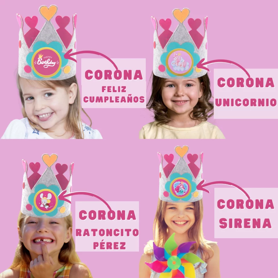 Corona de tela para cumpleaños infantiles con ilustraciones