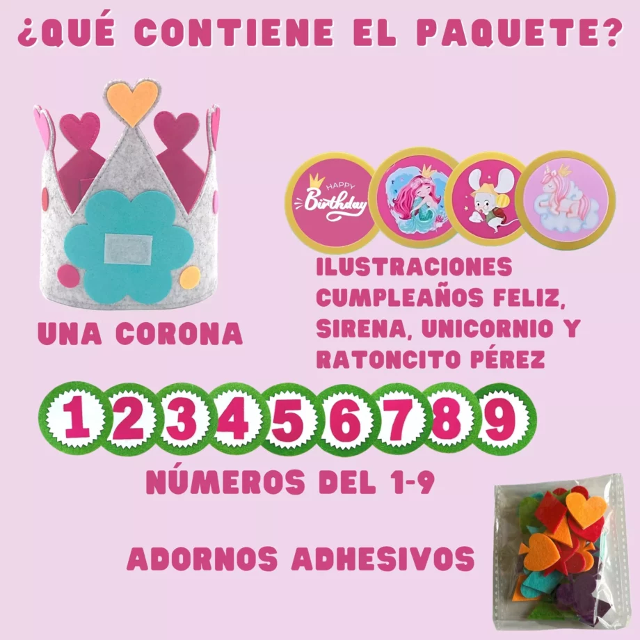 Corona de tela para cumpleaños infantiles con ilustraciones