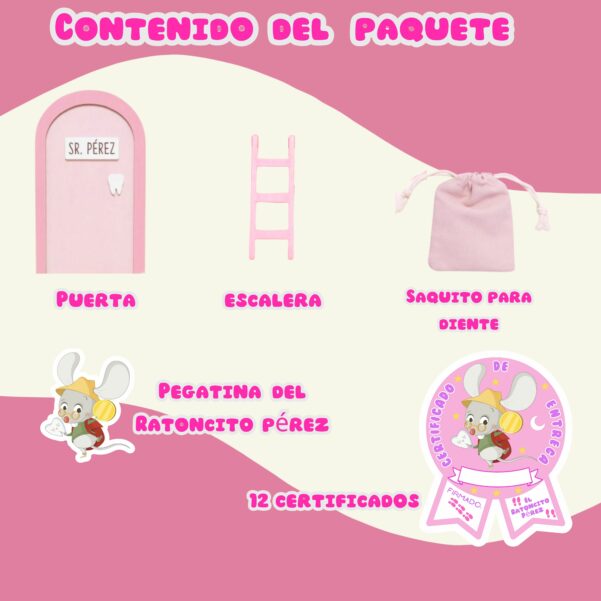 puerta ratoncito perez con escalera, saquito, pegatina infantil, 12 certificados