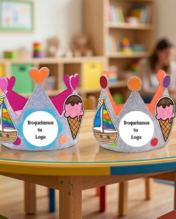 Pack de 50 coronas fin de curso de fieltro personalizadas con logo para fiestas de fin de curso en escuelas infantiles y guarderías.